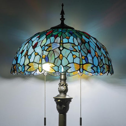 Tiffany Style Floor Lamp, 16" Stained Glass Dragonfly Shade with Antique Bronze Base, 2-Light E26 Pull Chain Standing Reading Light for Living Room, Bedroom, UL Listed, 16x16x64 Inches
