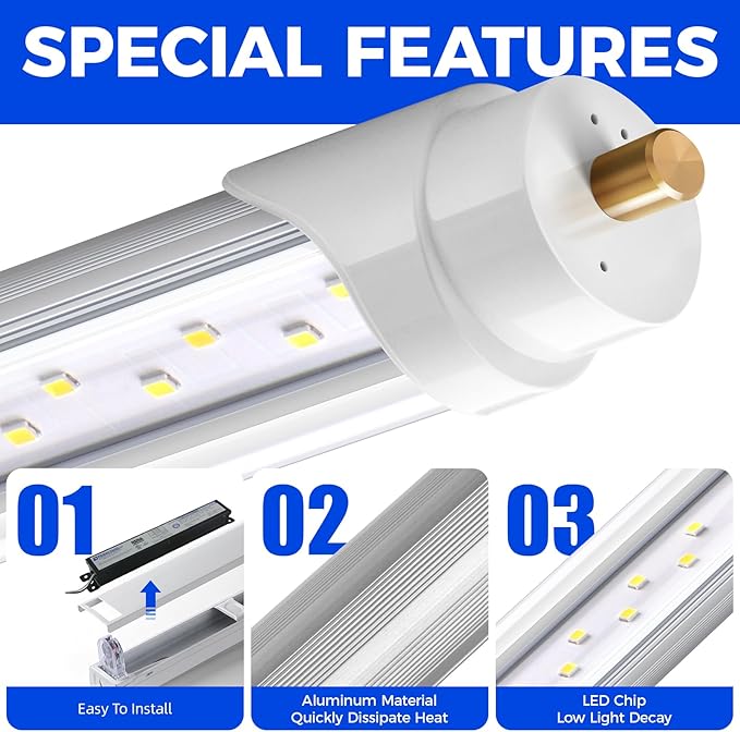 Barrina T8 T10 T12 LED Tube Lights, Dual-End Powered, Remove Ballast, Type B Bulbs, 8FT, FA8, 44W, 6500K Super Bright, 5500LM, LED Replacement for Fluorescent Tubes, Clear Cover, ETL Listed, 4 Packs