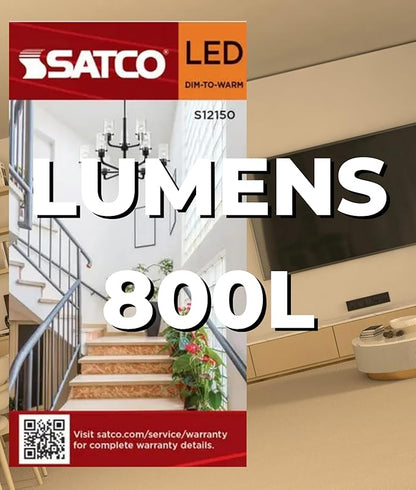 Satco S12150 8W LED A19 Bulb, Warm Dimming 3000K-2000K, 800 Lumens, 90 CRI, 60W Replacement, Clear Glass, E26 Medium Base, Enclosed Fixture Rated, Dimmable, 120 Volt (2 Pack)