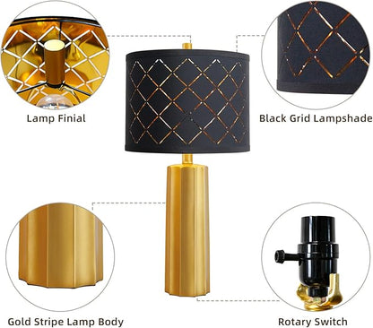 RORIANO Set of 2 Modern Table Lamps for Living Room Bedroom, Gold Nightstand Resin Lamps with Black Grid Shade, Contemporary Desk Lamps for Bedside End Tables, 2 Bulbs Included (Gold)