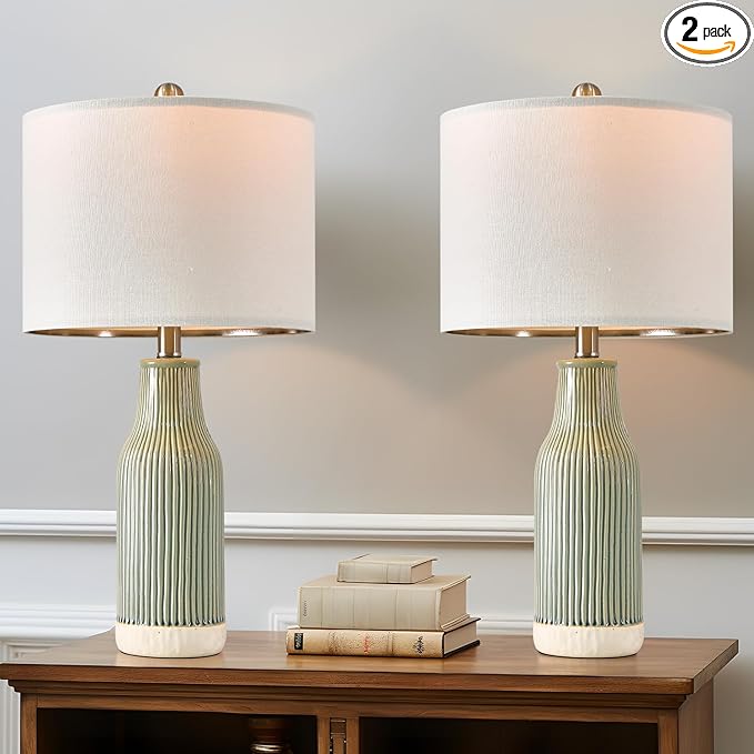 23.75" Modern Green Ceramic Table Lamp Set of 2 for Living Room, Farmhouse Bedside Nightstand Lamp for Bedroom Home Office Dorm