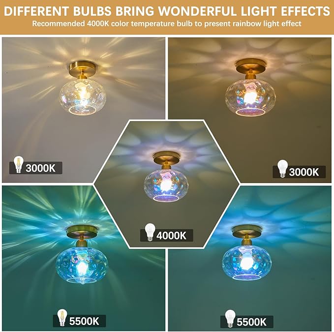 Vintage Glass Flush Mount Ceiling Light - 7.9 Inch Iridescent Hammered Glass Hallway Light fixtures Ceiling, Gold Semi Flush Mount Ceiling Light for entryway Foyer Laundry Room Kitchen