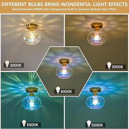 Vintage Glass Flush Mount Ceiling Light - 2 Pack，7.9 Inch Rainbow Hammered Glass Hallway Light fixtures Ceiling, Gold Semi Flush Mount Ceiling Light for entryway Foyer Laundry Room Kitchen