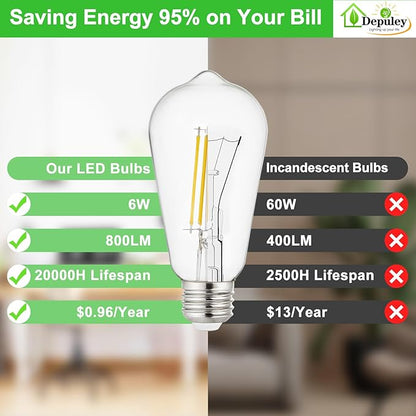 Depuley LED Light Bulbs E26: Edison LED Filament Bulbs 6W Equivalent 60W - Vintage Chandelier Lights Bulb 5000K Daylight White - ST58 Clear Glass Bulb 360°Omnidirectional Lighting 800LM 90+CRI 12 Pack