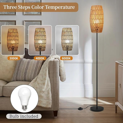 Floor Lamp for Living Room,Farmhouse Floor lamp,Modern Standing lamp with Hand-Worked Rattan Shade (Drum Rattan Shade Black Body Color-3 Color Bulb)