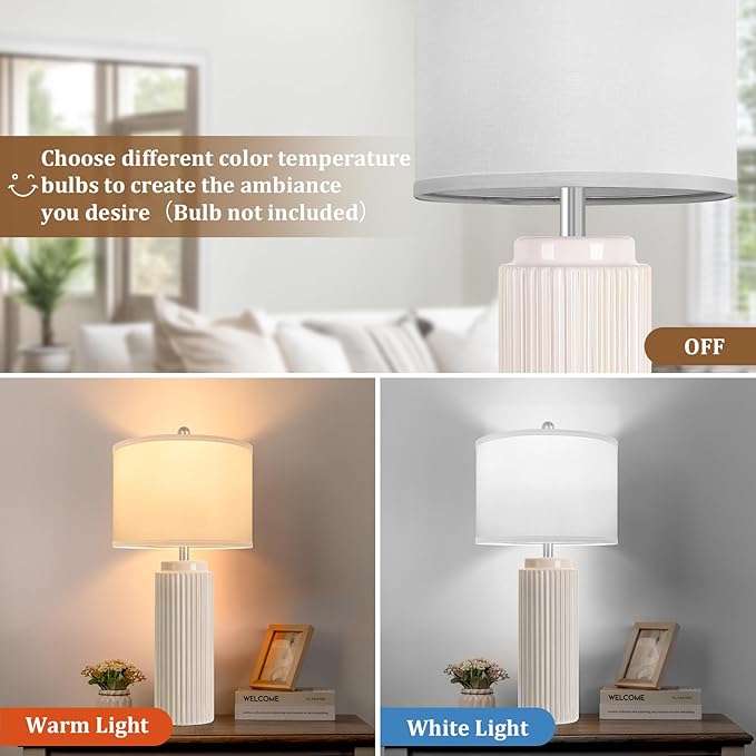 28’’ Farmhouse Ceramic Table Lamps Set of 2 for Living Room, Cream Vintage Bedside Table Lamps with White Linen Shade, Rustic Nightstand Lamps for Bedroom Home Office End Table Dorm
