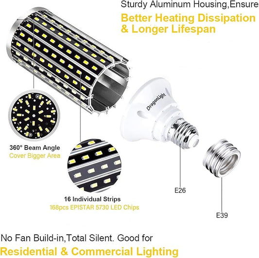 DragonLight 50W Super Bright LED Corn Light Bulbs (400 Watt Equivalent) - E26/E39 Base LED Lamp - 6000K Daylight 5,500 Lumens for Large Area Lighting, Pack of 2