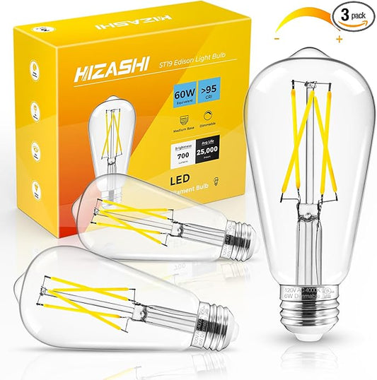 Hizashi E26 Edison Bulb 60 Watt LED, 4000K Dimmable Light Bulbs, ST19 Vintage Light Bulbs Cool White, 95+CRI, UL Listed,700 Lumens 6W E26 Medium Base, Clear Glass, Pack of 3