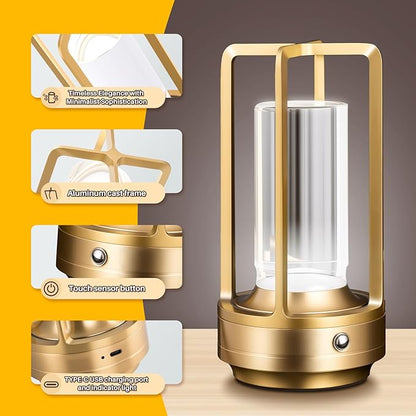 Rechargeable Table Lamp Cordless, 3 Color | Crystal | Stepless Dimming, for Bedroom, Cafe, Camping, Bar, Dining Table, Restaurant, Gold