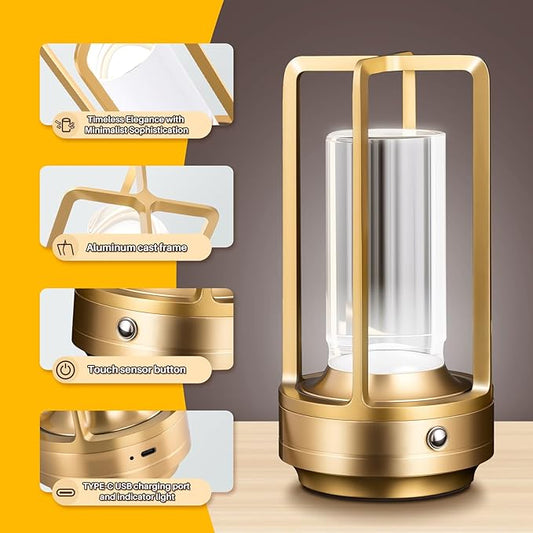 Rechargeable Table Lamp Cordless, 3 Color | Crystal | Stepless Dimming, for Bedroom, Cafe, Camping, Bar, Dining Table, Restaurant, Gold (2 Pack)