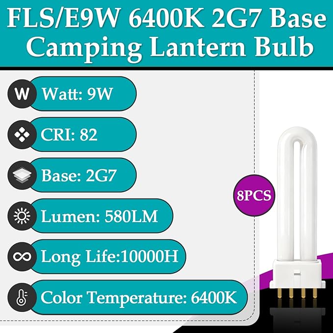 8 Pcs FLS/E9W 6400K Camping Lantern Bulb, Suitable for Coleman Lantern, Rayovac F9w-1, F9W-2, Satco S8365, Kandolite 96500, CFSE/841, CFDS/E/841 and Ozark Trail, 4 Pin 2G7 Base, Bright & Stable Light
