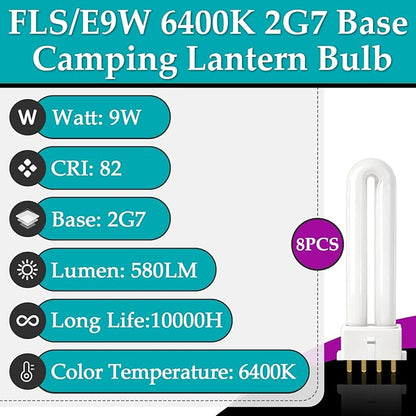 8 Pcs FLS/E9W 6400K Camping Lantern Bulb, Suitable for Coleman Lantern, Rayovac F9w-1, F9W-2, Satco S8365, Kandolite 96500, CFSE/841, CFDS/E/841 and Ozark Trail, 4 Pin 2G7 Base, Bright & Stable Light