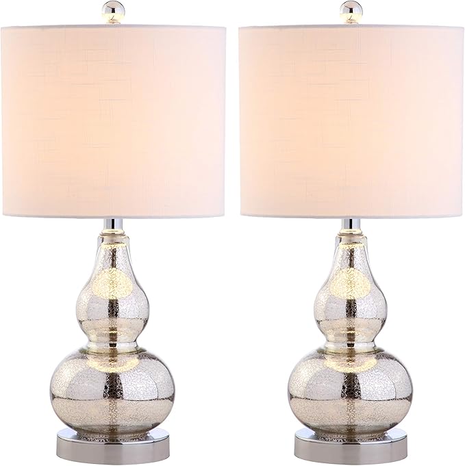 JONATHAN Y JYL1028C-SET2 20.5" Silver Mercury Glass Gourd Table Lamp Set of 2, Modern Glam Bedside Nightstand Lamps for Bedroom, Living Room, Office, End Table with White Linen Drum Shade
