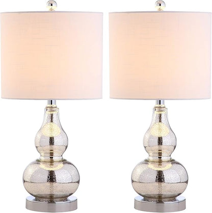 JONATHAN Y JYL1028C-SET2 20.5" Silver Mercury Glass Gourd Table Lamp Set of 2, Modern Glam Bedside Nightstand Lamps for Bedroom, Living Room, Office, End Table with White Linen Drum Shade