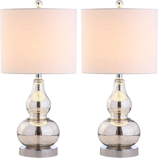 JONATHAN Y JYL1028C-SET2 20.5" Silver Mercury Glass Gourd Table Lamp Set of 2, Modern Glam Bedside Nightstand Lamps for Bedroom, Living Room, Office, End Table with White Linen Drum Shade
