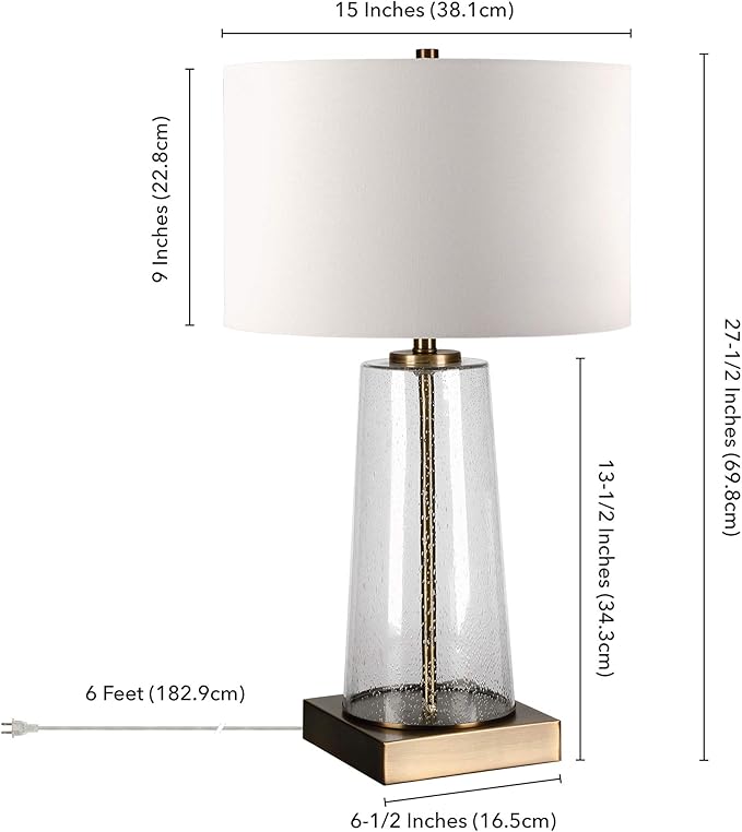 Dax 27.5" Tall Table Lamp with Fabric Shade in Seeded Glass/Brass/White