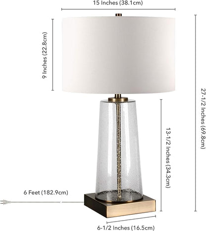 Dax 27.5" Tall Table Lamp with Fabric Shade in Seeded Glass/Brass/White