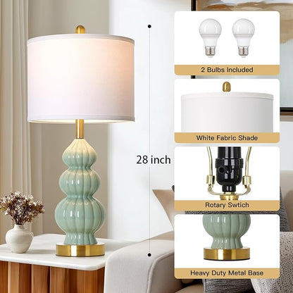 Green Ceramic Lamps Set of 2, 26.5" Modern Table Lamps for Living Room, Classic Bedside Lamp with Triple Gourd, Elegant Bedroom Lamp for Night Stand Desk Side End Table Home Decor