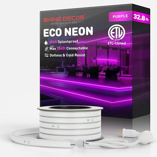 Shine Decor LED Rope Lights AC 120V, Connectable & Cuttable Dotless 120LEDs/M Eco Neon Strip Lighting, ETL IP65 Waterproof & Weather-Resistant for Home Commercial, 8x16mm, Purple, 32.8FT