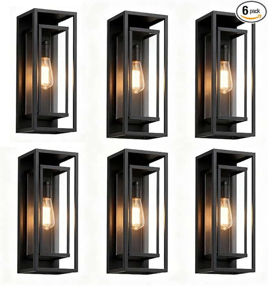 6Pack 18inch Outdoor Wall Light Fixtures, Exterior Waterproof Modern Matte Black Wall Lamps with Glass Shades,E26 Sockets Porch Light for Front Door Patio Entryway