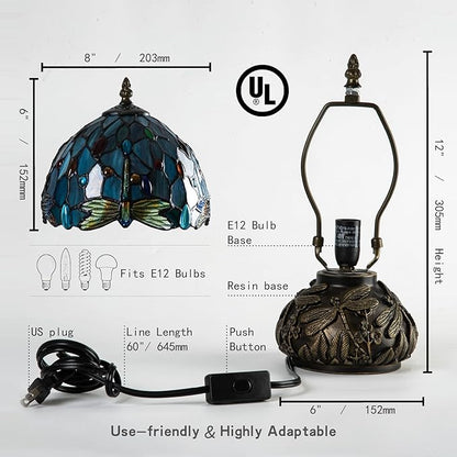 Tiffany Style Stained Glass Mushroom Bedside Table Lamp 8-inch Green Blue Dragonfly Beautiful Shade Nightstand Light for Bedroom Dorm Living Hallway Coffee Table Home Office Housewarming Gift