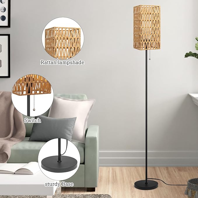 Floor Lamp for Living Room,Farmhouse Floor lamp,Modern Standing lamp with Hand-Worked Rattan Shade (Square Shade-3 Color Blub)