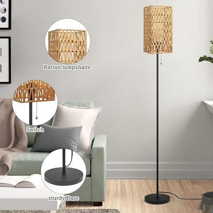 Floor Lamp for Living Room,Farmhouse Floor lamp,Modern Standing lamp with Hand-Worked Rattan Shade (Square Shade-3 Color Blub)