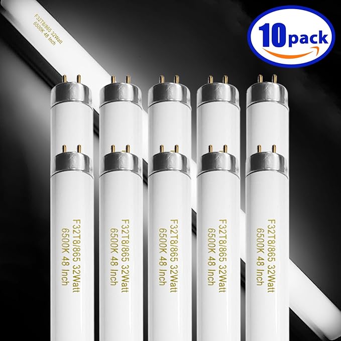10 Pack, F32T8/865 Fluorescent Light Bulb 48 Inch Daylight 32 Watt, T8 Fluorescent Bulb 4 Foot, 2800 Lumens G13 Medium 6500K Bi-Pin Base