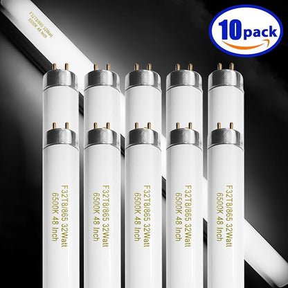 10 Pack, F32T8/865 Fluorescent Light Bulb 48 Inch Daylight 32 Watt, T8 Fluorescent Bulb 4 Foot, 2800 Lumens G13 Medium 6500K Bi-Pin Base