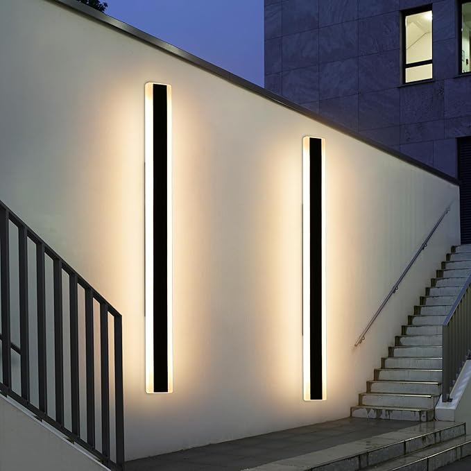 2 Pack Exterior Wall Light Fixture, 59inch Modern Outdoor Wall Sconce, IP65 Waterproof, 3000K Warm White, 55W Black Minimalist Outside LED Strip Lights for Garage, Patio, Balcony, Fence