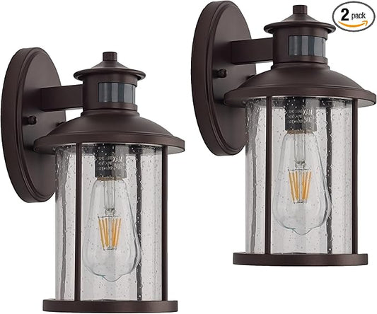 MICSIU 11.5 Inch Motion Sensor Exterior Wall Sconce 2 Pack, Dusk to Dawn Outdoor Lighting with Clear Seedy Glass, Oil Rubbed Bronze Outside Lights for Porch, Garage, Doorway, Pathway.