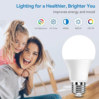 Neporal Full Spectrum Light Bulb, 6000K UV-Free Daylight Sunlight Light Bulbs, 9W (60W Equivalent) LED CRI 90, Flicker-Free, 30,000 Hrs Lifespan, E26/E27 Natural Light Bulb for Home & Office - 6PK