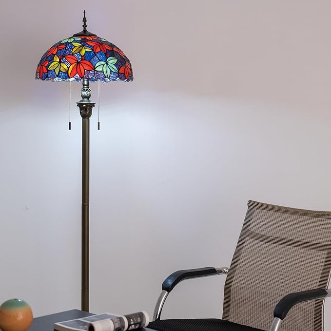 Tiffany Floor Lamp, 16" Stained Glass Maple Leaf Shade with Antique Bronze Base, 2-Light E26 Pull Chain Standing Reading Light for Living Room Bedroom16x16x64 Inches (Purple Blue Maple Leaf)
