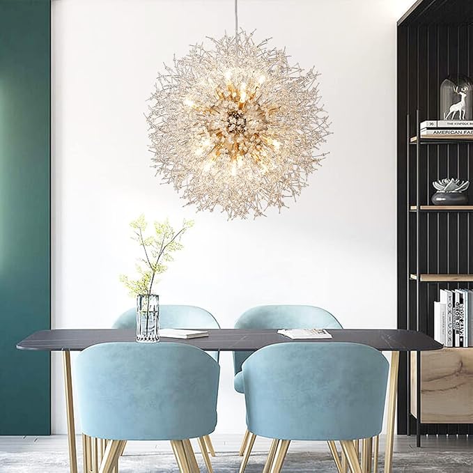 Dandelion Crystal Chandeliers, 16-Light Firework Pendant Light Fixtures in Gold, 80W Modern Crystal Sputnik Hanging Lights for Living Room Bedroom Hallway