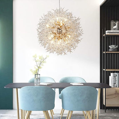 Dandelion Crystal Chandeliers, 16-Light Firework Pendant Light Fixtures in Gold, 80W Modern Crystal Sputnik Hanging Lights for Living Room Bedroom Hallway