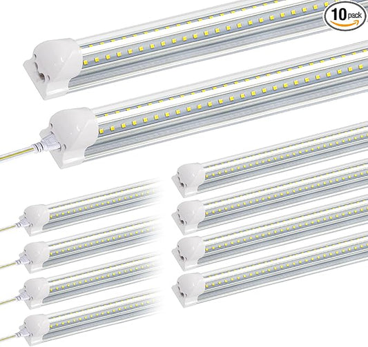 10 Pack LED Shop Light,8FT 72W 7200LM 6500K,T8 Light Fixtrue Daylight White,V Shape,High Output Clear Cover,Integrated,8 LED Linkable,Shop Lights for Garage 8 Foot with Plug.