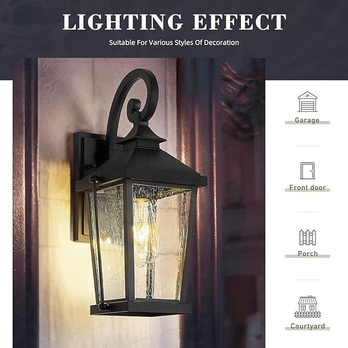 zeyu 2 Pack Outdoor Wall Lights, 16 Inch Exterior Lighting Fixtures for Front Door, Die-Cast Aluminum in Black Finish, Waterproof Seeded Glass, ZW105B-2PK BK