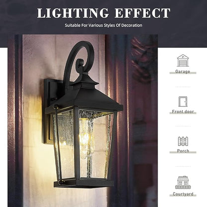 zeyu 16 Inch Black Outdoor Light Fixture, 1-Light Exterior Wall Lighting Fixture for Porch Backyard, Die-Cast Aluminum with Seeded Glass, Black Finish, ZW105B BK