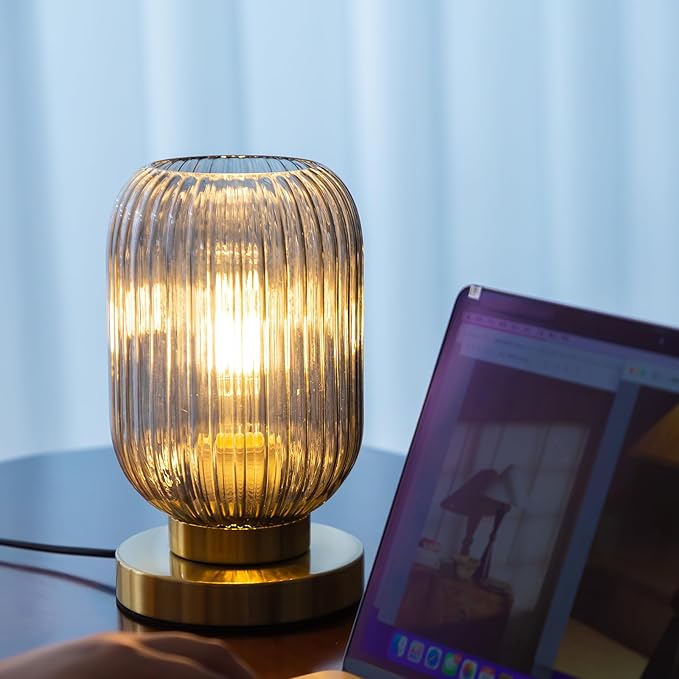 Bedside Table Lamp with Glass Shade, Small Nightlight Lamp Elegant Gray Ribbed Glass Nightstand Lamp Modern Desk Lamp with Plug-in Style for Bedroom Living Room Tabletop Dia5.9 x H9.8