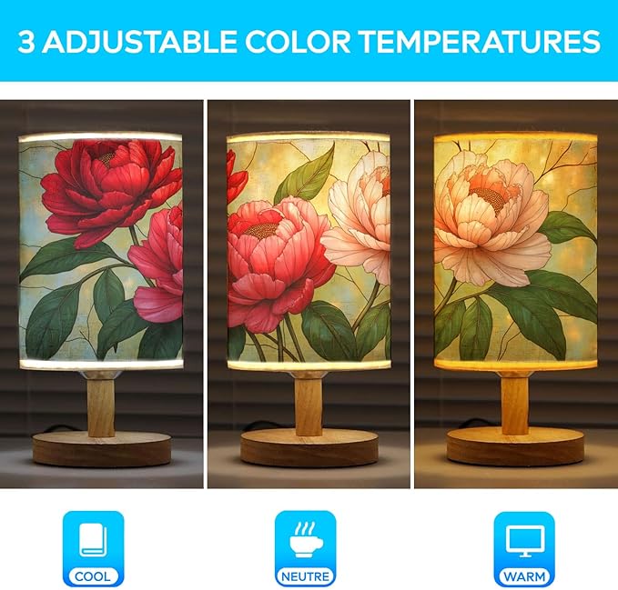 Peonies Table Lamp LED 3-Color Pressed Bedside, Peonies Shade Lamp with Wood Base for Bedroom Living Room Desk Office