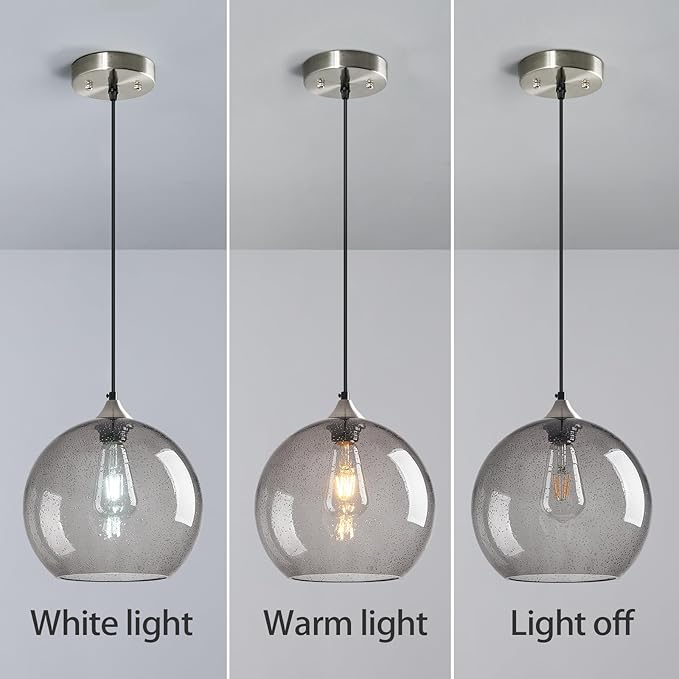 Light Grey Glass Pendant Lights Kitchen Island Globe Pendant Light Fixtures Modern Pendant Lighting for Bedroom Living Dining Room Light Fixture (9.84 in, 1 Pack)