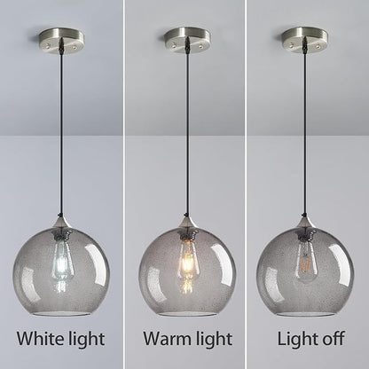 Light Grey Glass Pendant Lights Kitchen Island Globe Pendant Light Fixtures Modern Pendant Lighting for Bedroom Living Dining Room Light Fixture (9.84 in, 1 Pack)