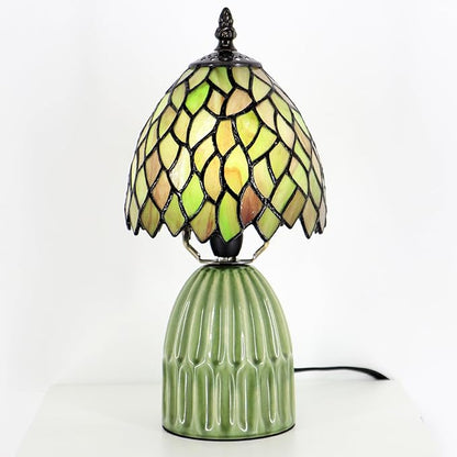 Tiffany Lamp Stained Glass Mushroom Table Lamps 6X6X12.5 Inch Brownish Green Leafage Style Small Night Light Ceramic Base Mini Accent Desk Light Suitable for Bedside Table Bedroom Children Room