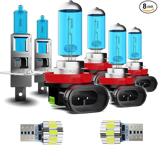 Compatible With Mazda 6 2005-2008, H1 High Beam + H11 Low Beam + H11 Fog Lights Halogen Light Bulb + License Plate Lights,Bright Halogen Replacement Headlight Bulbs,Plug N Play, Pack of 8