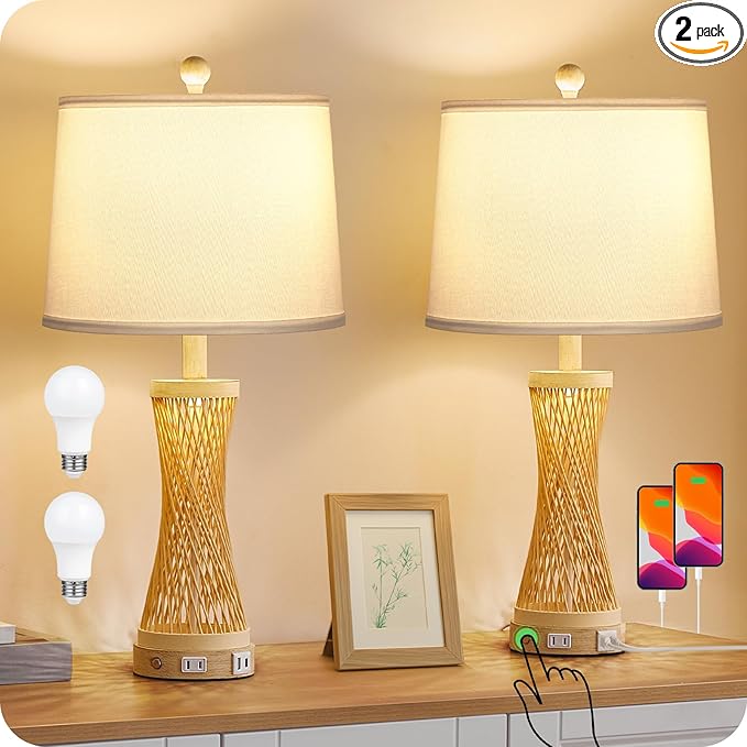 24.4”Farmhouse Rattan Table Lamps Set of 2, Touch Bedside Lamps for Bedroom with 3-Way Dimmable Night Light, USB A+C Charging Ports, Bamboo Boho Nightstand Lamps, White, W04TC05