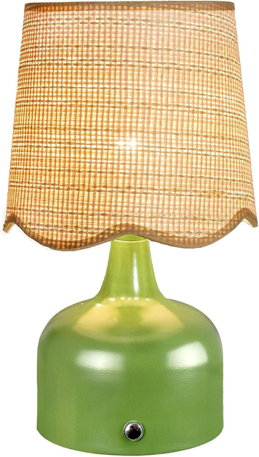 Cordless Boho Table Lamp Green, Wicker Shade, 5200-mAh Rechargeable Battery, 3-Way Dimmable, Build-in Integrated LED 320 Lumen Max, for Bedside Living Room
