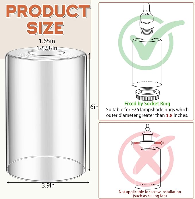 3 Pcs Clear Glossy Glass Shade Replacements for Pendant Light Fixtures Glass Lamp Shade Cover, 1-5/8 Inch Fitter E26 Base, 4"w x 6"h, Replacement Lamp Globe for Chandelier Wall Sconce