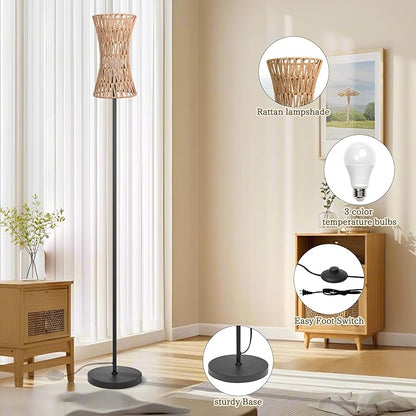 Floor Lamp for Living Room,Farmhouse Floor lamp,Modern Standing lamp with Hand-Worked Rattan Shade (Slim Waist Rattan Shade-3 Color Bulb)