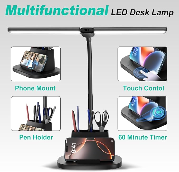 LED Desk Lamp, Eye-Caring Desk Light with Organized Base, 5 Color Modes & 5 Level Brightness, Adjustable Flexible Gooseneck Touch Lamp, Small Desk Lamp for Home Office, College Dorm Room Essentials