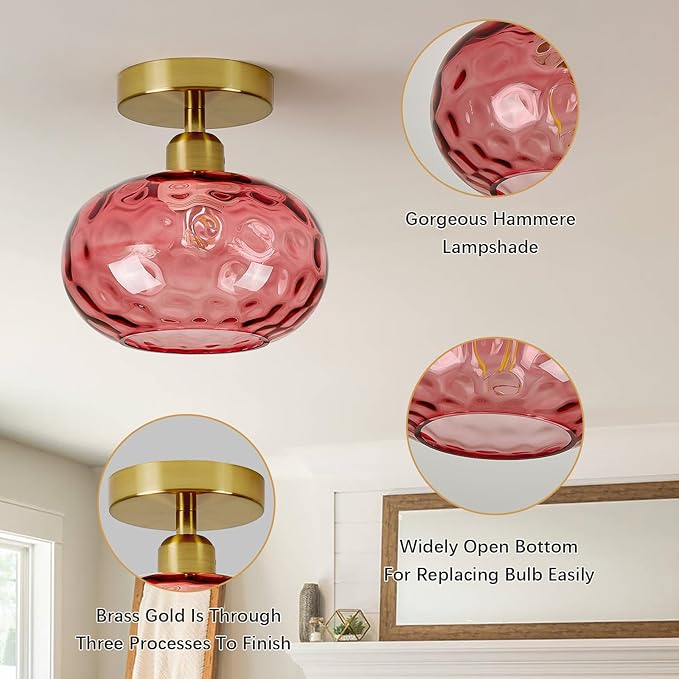 Red Glass Semi Flush Mount Ceiling Light - 2 Pack,7.9 Inch Small Hammered Art Deco Glass Hallway Light fixtures, Vintage Gold Flush Mount Ceiling Light for entryway Foyer Laundry Room Kitchen